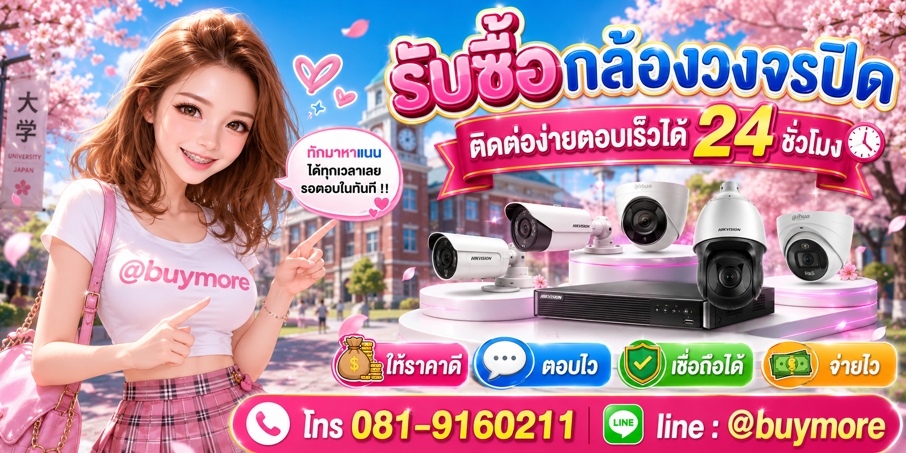 รับซื้อกล้องวงจรปิด ติดต่อ Buymore 24 ชั่วโมง โทร 081-9160211 LINE @buymore